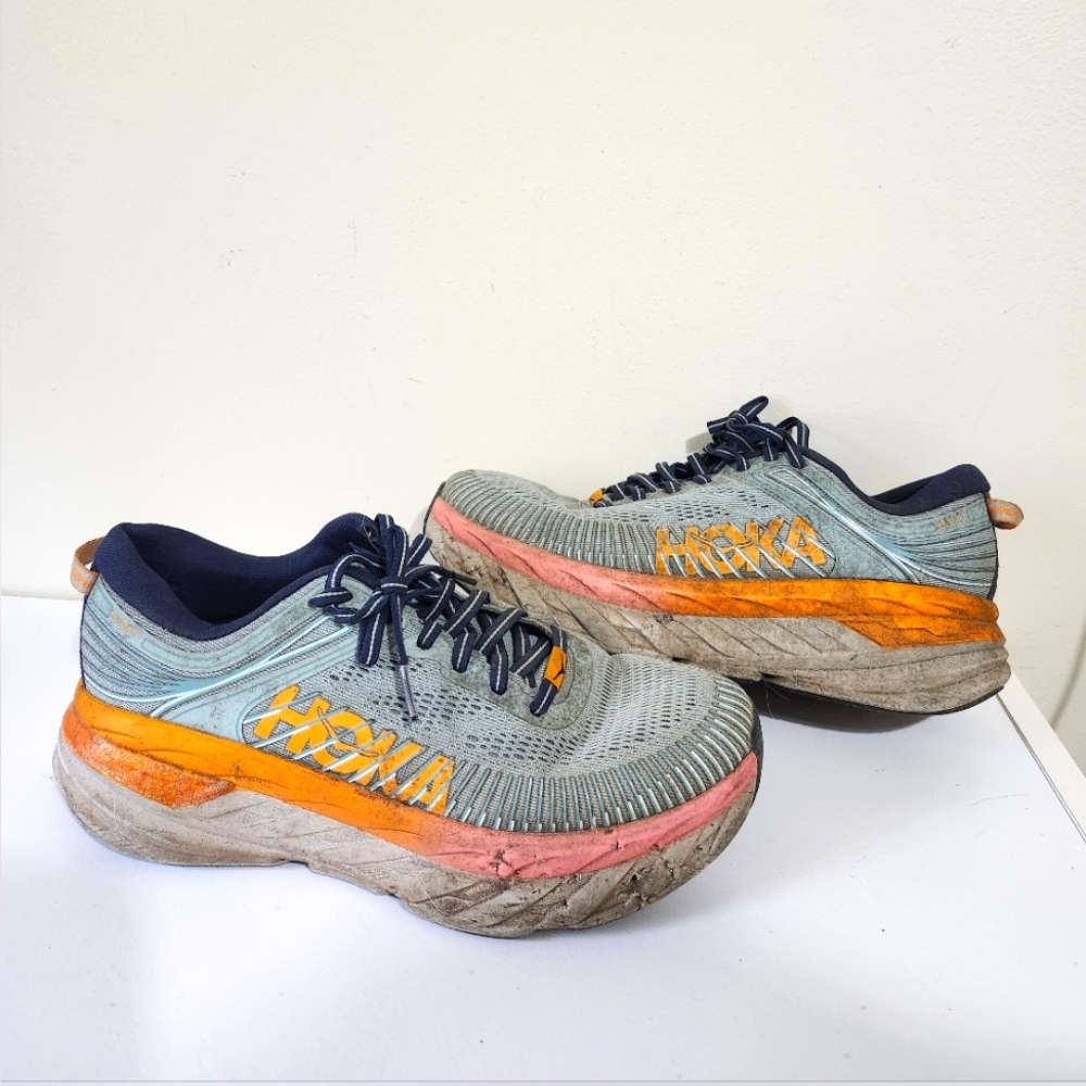 USED Hoka One One Bondi 7 Shoes Womens 8.5 Green Blue Sneakers Stability Running